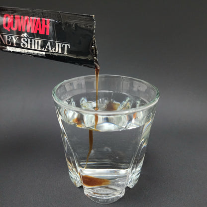 QUWWAH Honey Shilajit Salajeet sachet mixed with warm water for daily use